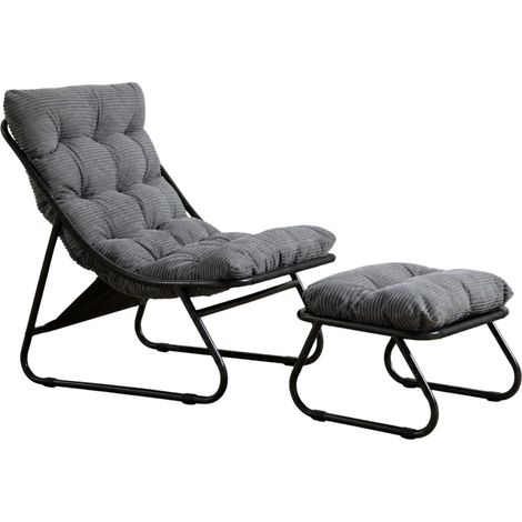 Fauteuil d'extérieur avec ottoman en métal noir et coussin gris, chaise longue confortable pour salon, chambre et terrasse (1/5)