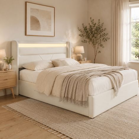 Lit de rangement hydraulique blanc avec éclairage LED, sommier coffre double rembourré 160x200 cm, fonctionnel, télécommande incluse (1/5)