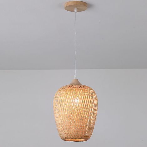 Suspension en bambou tressé (ampoule incluse), lustre style bohème, petit plafonnier suspendu, lumière blanc chaud 3000K (1/5)