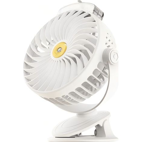 Ventilateur articulé avec pince, Aigostar 6 pouces, 3 pales, 5 vitesses, 2400 mAh, blanc, rechargeable, pour bébé et usage au bureau. (1/3)