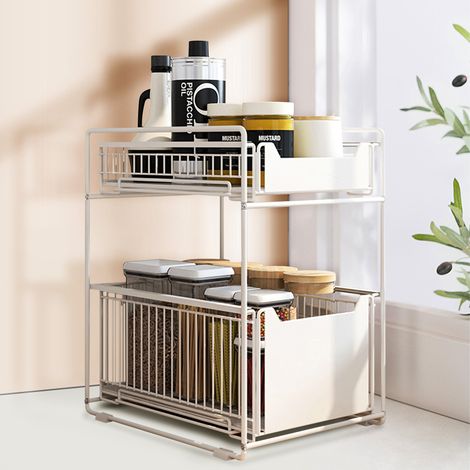 Aqrau Rangement sous Évier Cuisine, Organisateur Coulissant avec 2 Tiroirs Porte-épices, pour Salle de Bain, Cuisine, Bureau Blanc (1/5)