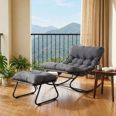 Fauteuil à bascule avec rembourrage,Chaise à bascule avec tabouret,Rocking chair,Charge 150 kg,Pour jardin,balcon,salon-Gris (1/5)