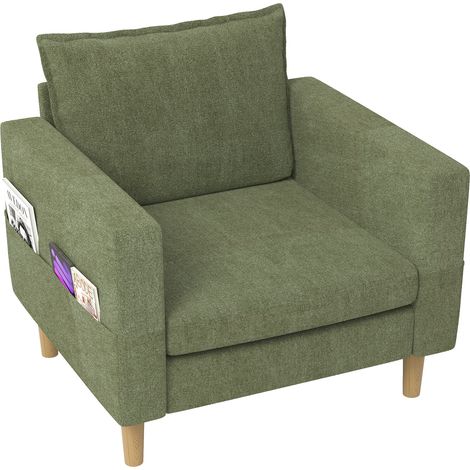 Fauteuil de loisirs une place avec poche de rangement et coussin confortable, idéal pour les intérieurs de style nordique et les coins lecture (chenille vert olive)