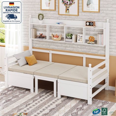 Lits simples pour adultes/enfants 90x200cm, avec étagères ouvertes, transformables en chaise et table, multifonctionnels, en bois, sans matelas, blanc (1/5)