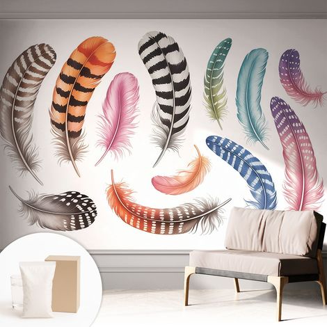Papier peint intissé avec imprimé pour décoration intérieure pour rénovation a motif - Colle incluse gratuite Plumes pastel 312x219 cm (1/5)