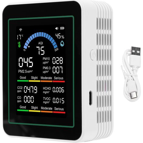 Misuratore di qualità dell'aria Tuya WiFi 10 in 1 CO2 CO TVOC HCHO PM2.5 PM10 PM0.3 Indice Temperatura Umidità Rilevatore Tester Portatile per Interni Bianco. (1/5)