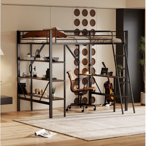 Cama alta con escritorio y estantes de metal 90x200 cm OKMYHOME (1/5)