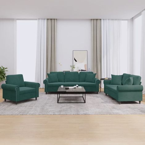 vidaXL Ensemble de canapés 3 pcs avec coussins vert foncé velours (1/5)