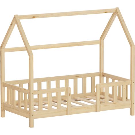 ML-Design Kinderbett Hausbett 70x140 cm mit Rausfallschutz, Dach & Lattenrost, Natur, Bettgestell aus massivem Kiefernholz, Montessori Bodenbett, Holzbett für Mädchen & Jungen, Jugendbett, Einzelbett