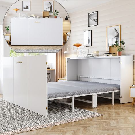 Klappbett 140x200 cm inklusive Matratze, ausziehbares Schrankbett mit leisen Rollen, platzsparendes Gästebett mit Metallgestell, Weiß (1/5)
