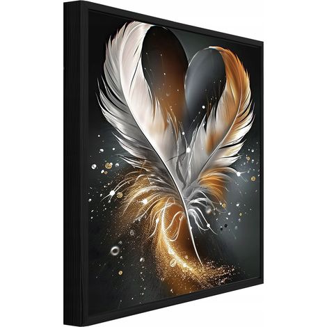 Leinwandbild Wandbild mit schwarzem Rahmen, Federn abstrakt, moderne Wanddekoration für Wohnzimmer und Schlafzimmer, Kunstdruck HD, 40 x 30 cm