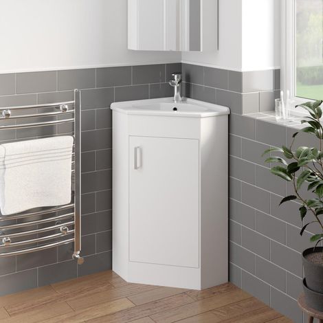 White Bathroom Corner Vanity Unit & Single Tap hole Basin Sink Storage Cabinet with Single Door (1/5)