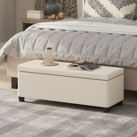 Banc rangement bout lit velours côtelé couvercle salon chambre 112x42x40 beige (1/5)