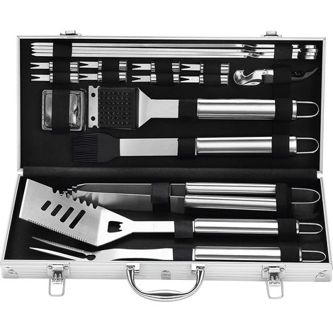 Ustensiles de barbecue durables en acier inoxydable : spatule extra-épaisse, fourchette et pinces. Ensemble complet d’accessoires de barbecue dans une mallette de rangement en aluminium.-AquaForge