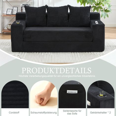 Dreier-Sofa aus Baumwoll- und Leinenstoff, mit Getränkehalter und seitlichen Taschen, kann in drei Sitzplätze umgewandelt werden, rahmenloser Design mit gestrickten Kissen und Rückenlehne, großes Sitz (1/5)