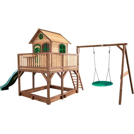 Axi Liam Maison Enfant Avec Bac À Sable, Balançoire Nid D’Oiseau Vert & Toboggan Vert  Aire De Jeux Pour L'Extérieur En Marron & Vert  Maisonnette / Cabane De Jeu En Bois Fsc