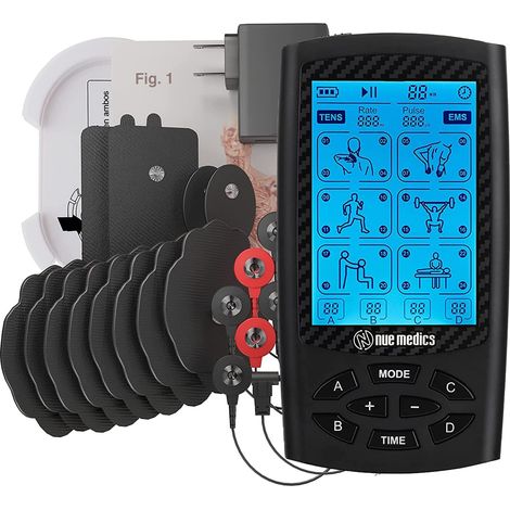 TENS 2025 Gerät (neuestes Modell) mit 4 Kanälen, EMS-Muskelstimulator zur Schmerzlinderung, 24 Massageprogramme, wiederaufladbar, 12 Elektroden - AquaForge