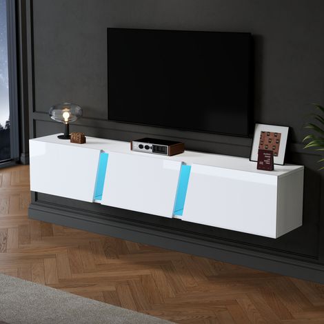Mobile TV da parete 180x35x30 cm in legno bianco, LED, salvaspazio per soggiorno FloraGrace (1/5)