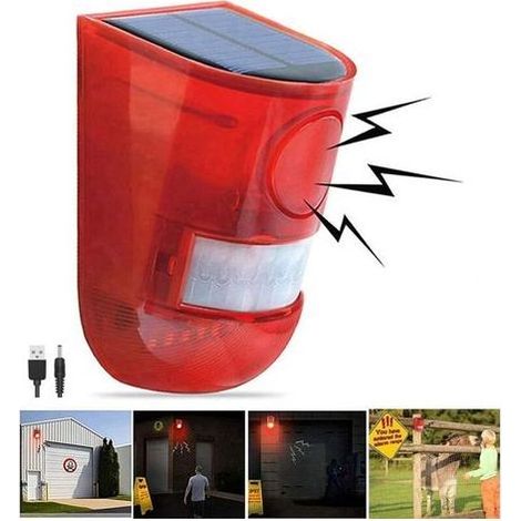 Alarme sonore et lumineuse solaire Détecteur de mouvement Sirène 110 décibels Alerte sonore et avertissement flash 6LED Système d'alarme de sécurité stroboscopique pour ferme Villa (1/5)