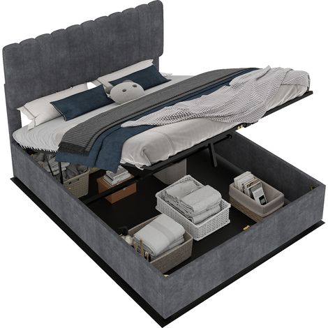 Letto matrimoniale in tessuto e metallo grigio 160x200 cm con testiera imbottita (1/5)