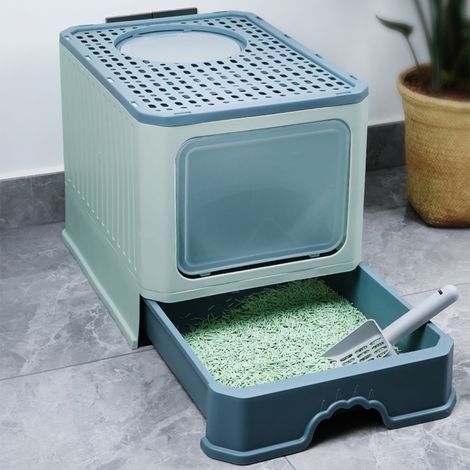 Maison de Toilette pour Chat, Bac à litière pliable pour chat, Bac à Litière Fermé avec bacs amovibles, avec Pelle à Litière, Vert (1/5)