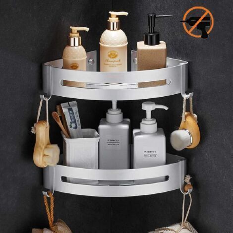 étagère d'angle Douche, Etagere salle de bain sans percage, Aluminium Panier de rangement pour douche avec crochets - tablette d'angle douche (Plata-doble) (1/3)