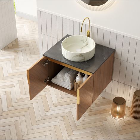 Mueble de baño suspendido de 61 cm con lavabo redondo y encimera de piedra sinterizada (1/5)