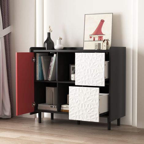 Aparad con gran capacidad 2 cajones y espacio abierto practico MDF 40x90x80cm color negro+rojo (1/5)
