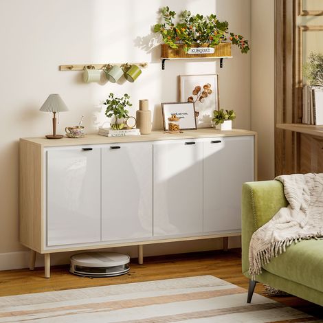 Buffet vitré brillant, meuble de rangement 4 portes, tablettes ajustables, 141x35x77 cm, blanc chêne (1/5)