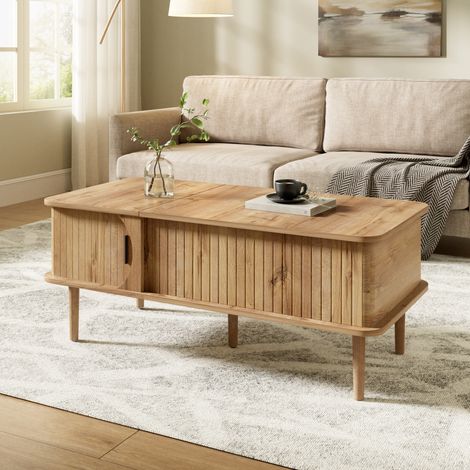 DESMIU Table basse rectangulaire relevable avec porte coulissante et rangement, style rétro moderne, en MDF, bois, 100 × 48 × 55,5 cm (1/5)