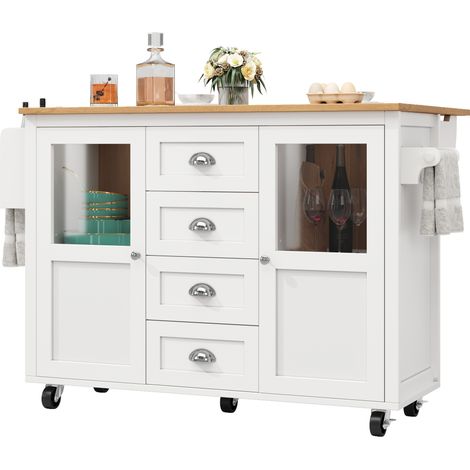 Îlot de cuisine blanc avec rangement, plateau rabattable, 4 tiroirs, portes à double compartiment, roulettes pivotantes et porte-serviettes, idéal pour la cuisine, CHICFURN (1/5)