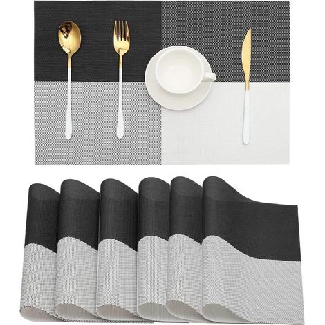 Manteles individuales, Resistentes al calor, Lavables, Antideslizantes, Impermeables y resistentes al aceite, Juego de 6, Negro/Blanco (1/5)