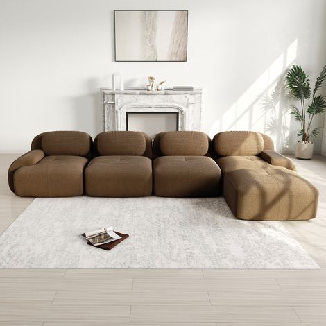 Canapé d'angle 4 places, rembourrage hyper-élastique 32D, assise sans cadre, antidérapant, avec méridienne, accoudoirs extra-larges, modulable, sans montage pour bureau, salon et home-cinéma, marron (1/5)