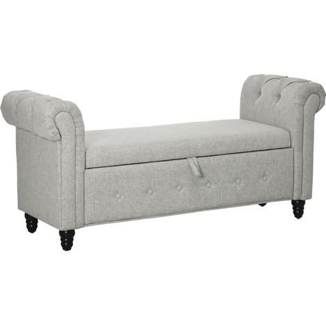 Banc banquette coffre 2 en 1 en tissu aspect lin avec pieds en bois 146,5 x 49 x 72 cm gris avec assise confortable et rangement intérieur idéal pour salon, chambre à coucher ou bureau (1/5)