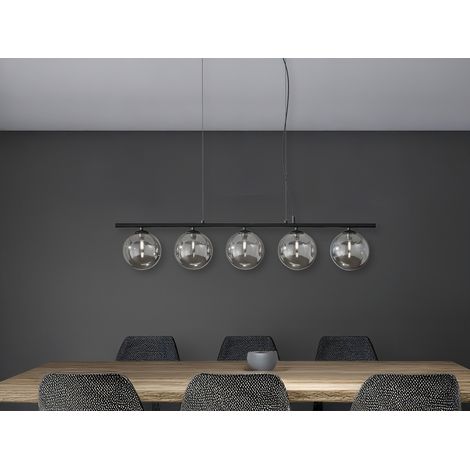 LED Pendelleuchte 5-flammig Schwarz-Glaskugeln Rauchglas, Breite 100cm