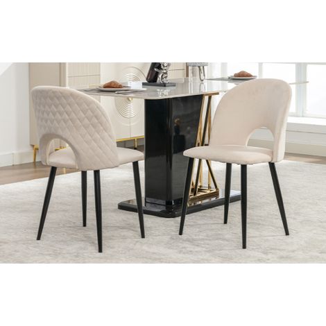 Chaises de salle à manger (lot de 2), chaises design rembourrées avec dossier, assise en velours, structure en métal, pieds réglables, motif losanges sur le dossier, beige. (1/5)
