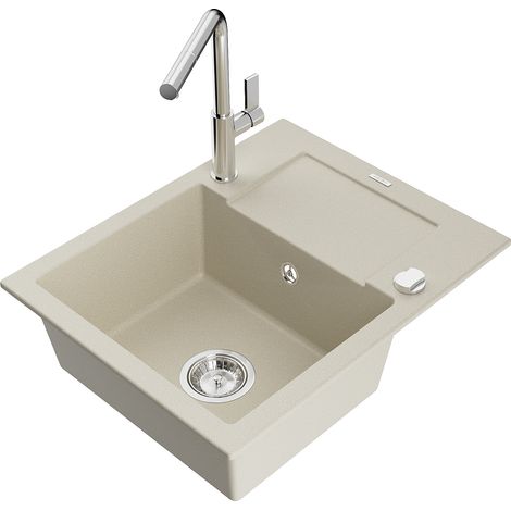 Mexen Enzo 1 Becken-Granitspüle mit Abtropffläche und Mischbatterie Flora, Beige - 6506-69-670401-00