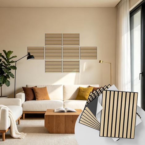 Panneaux Muraux à Lattes Bois Autocollants 30×40 cm – Panneaux Acoustiques Décoratifs en PVC Insonorisés pour Salon et Chambre, Mur d’Accent – Lot de 8 (1/5)