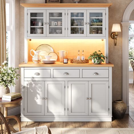 REDOM Credenza alta 140x40x180 cm con porta in vetro, ripiani regolabili, LED RGB, MDF e vetro grigio chiaro (1/5)