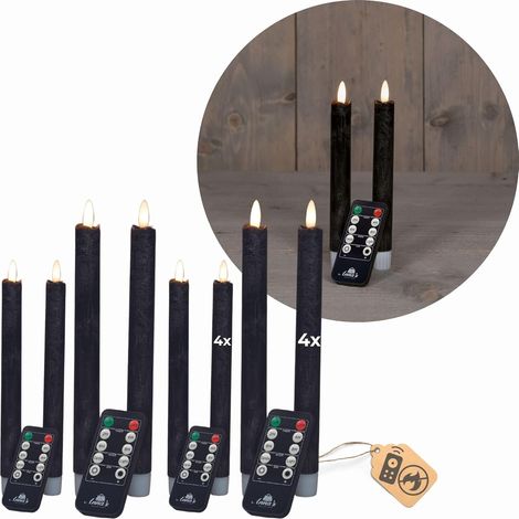 Coffret rentable de bougies coniques à LED avec minuterie petite + grande NOIRE 8 pièces intérieur - 6 heures - VRAIE CIRE 18 cm + 23 cm de hauteur