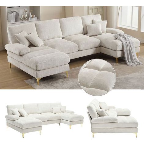 Canapé d'angle en U - SOGEU - 272x136x88cm - Chenille beige - Double méridienne - Pieds métal doré (1/5)