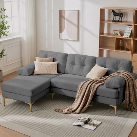 Canapé d'angle en chenille 3 places 187 cm –Canapé convertible réversible – Structure robuste – Pieds en métal –Gris (1/5)
