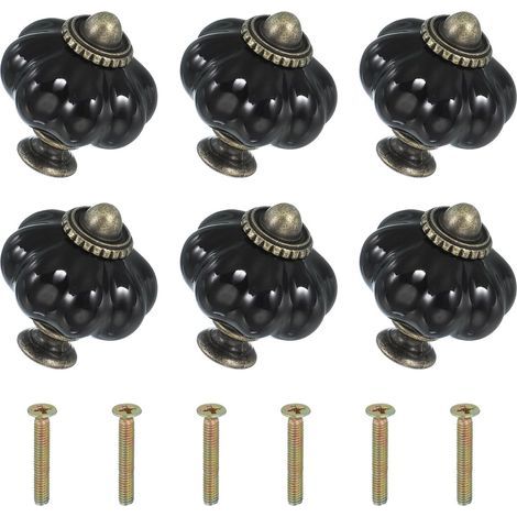 Seis botones de cerámica negra, de 3,3 x 3,3 x 3,8 cm cada uno, con tornillos. Botones y tiradores de cajón de cerámica con forma de calabaza. (1/5)