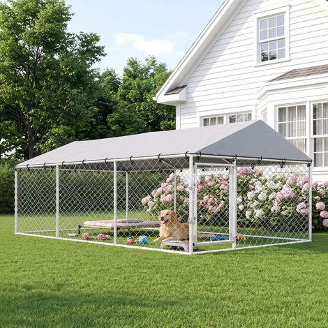 Parc extérieur pour chien avec filet galvanisé et système de verrouillage, acier et tissu Oxford, 4 x 2,3 x 1,5 m, argent (1/5)