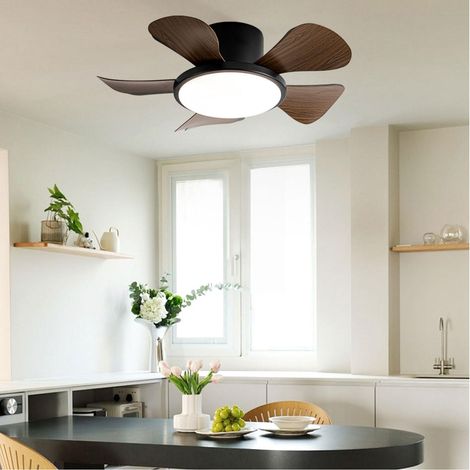 Ventilateur de plafond LED 76 cm, 5 pales ABS, télécommande, 3 températures de couleur, 6 vitesses, moteur DC silencieux, Noir et noyer (1/5)