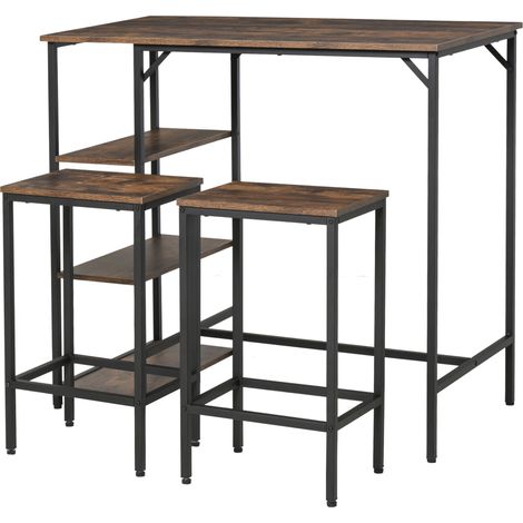 Tabouret de bar avec repose-pieds et étagères 3 niveaux, coussins inclus, marron rustique, 109x60x100 cm