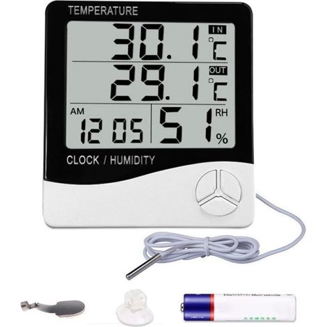 Indoor/outdoor digital thermometer/hygrometer with backlit LCD screen, batteries included, high accuracy, simultaneous display