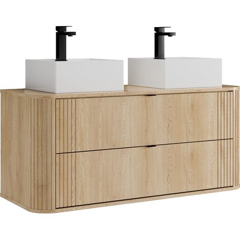 Meuble de salle de bain suspendu avec double vasque à poser carrée et robinet - Naturel clair - L120 cm - FILOR (1/4)