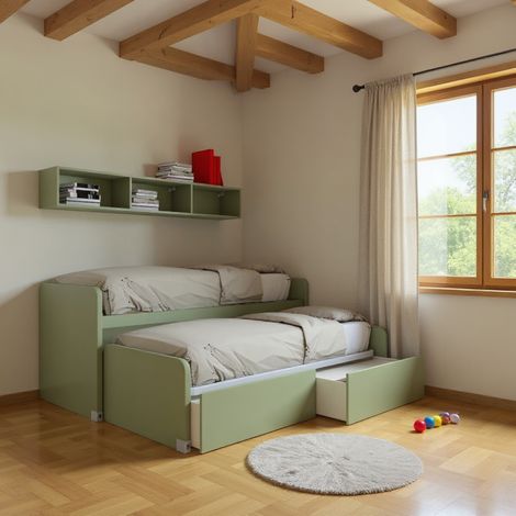 Coppia letti singoli scorrevoli con ruote e contenitori - Made in Italy - Salvia