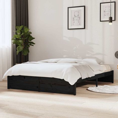 Lit double pour adulte Cadre de lit - Noir Bois massif 140x190 cm BV880465 - BonneVie (1/5)